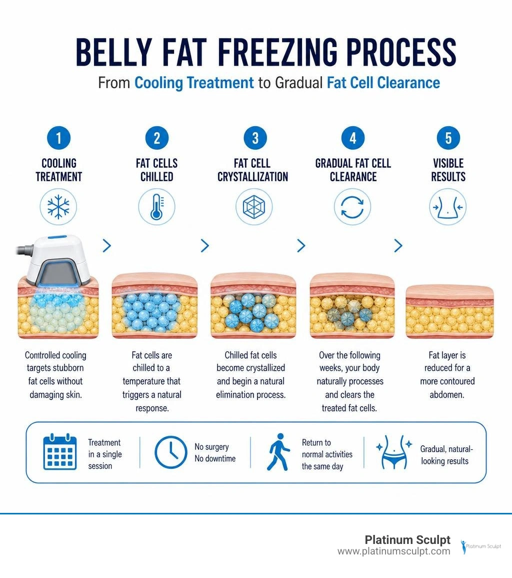 Belly fat freezing process from cooling treatment to gradual fat cell clearance infographic Belly fat freezing process from cooling treatment to gradual fat cell clearance infographic