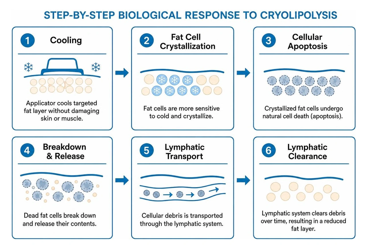 Step-by-step biological response to cryolipolysis from cooling to lymphatic clearance Step-by-step biological response to cryolipolysis from cooling to lymphatic clearance