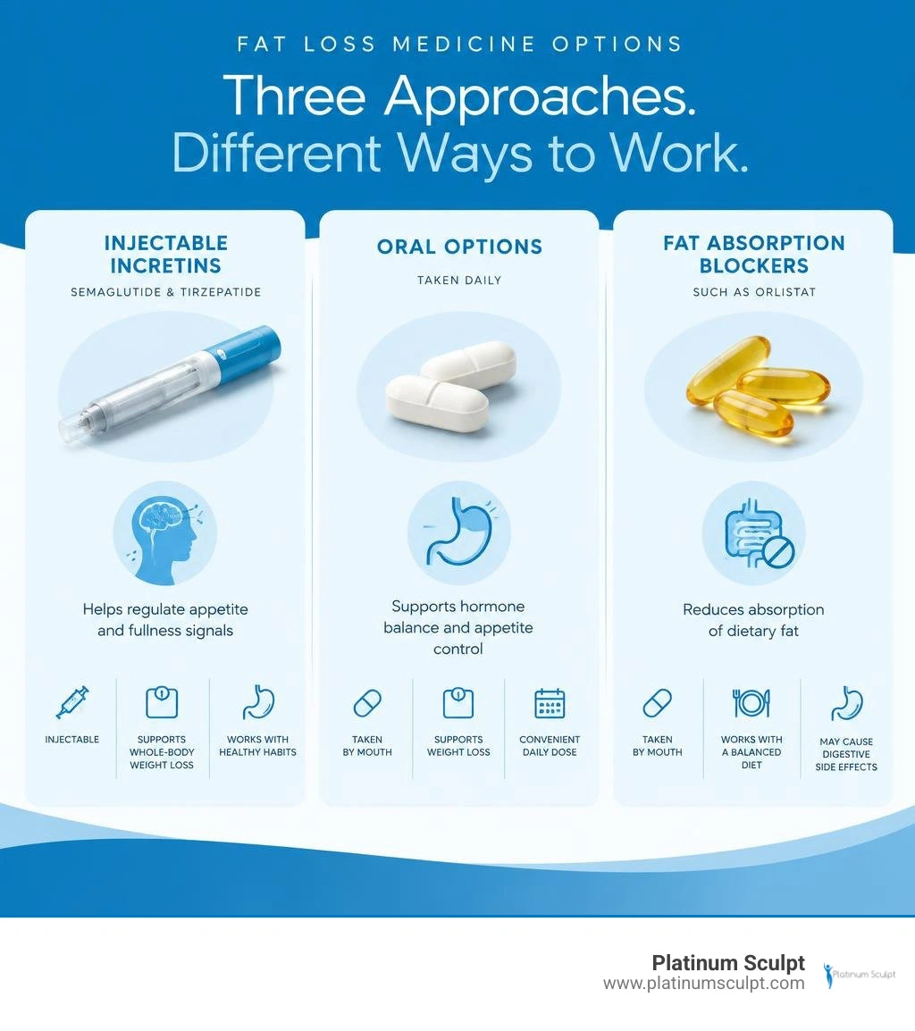 Infographic comparing injectable incretins, oral options, and fat absorption blockers infographic