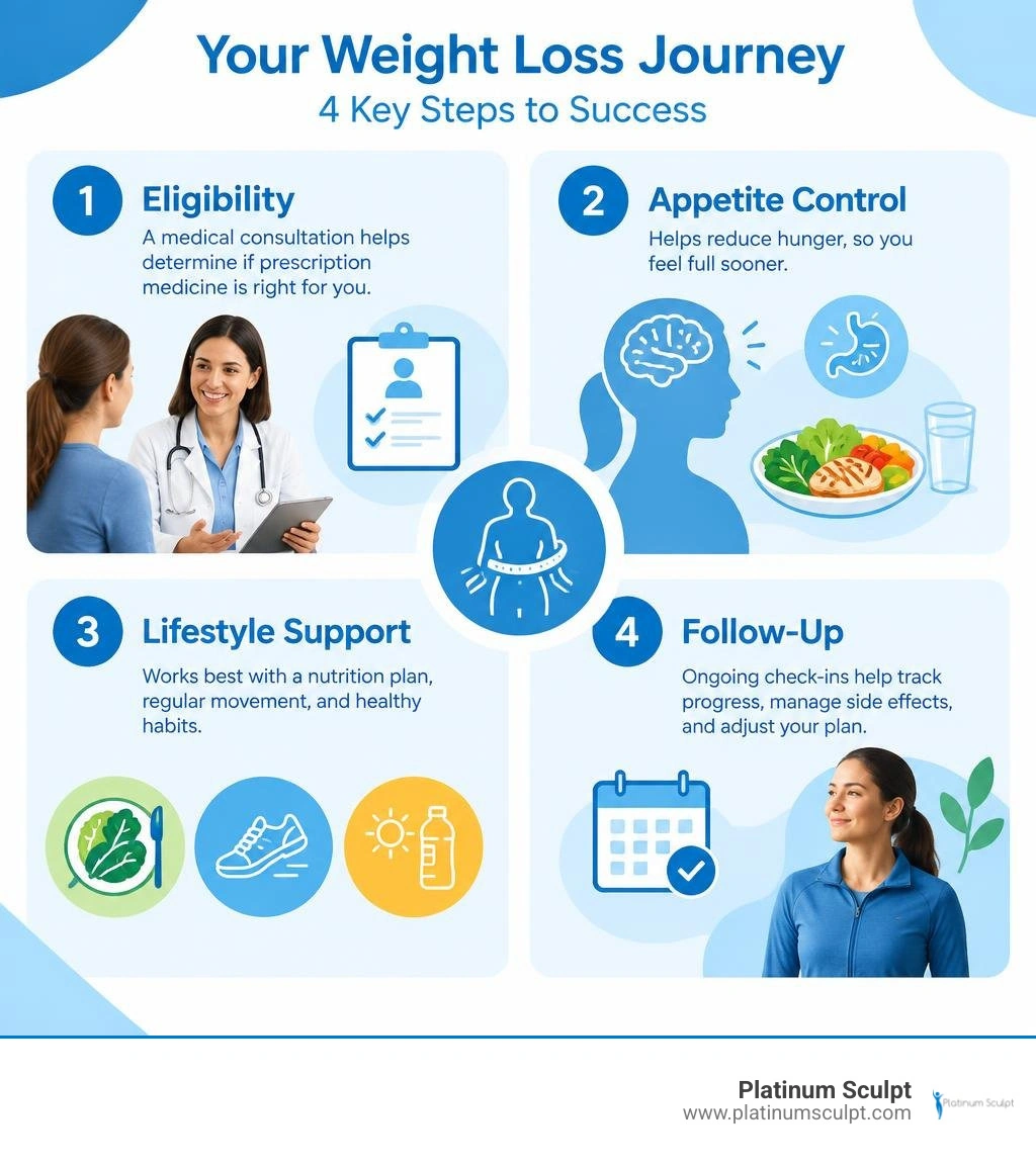 Infographic showing eligibility, appetite control, lifestyle support, and follow-up for weight loss medicine infographic Infographic showing eligibility, appetite control, lifestyle support, and follow-up for weight loss medicine infographic