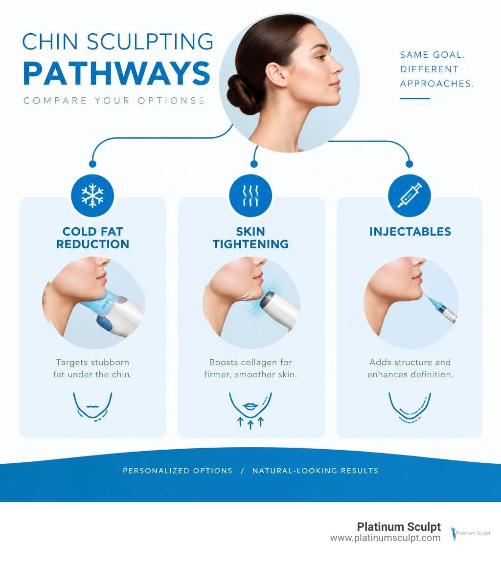 Chin sculpting pathways comparing cold fat reduction skin tightening and injectables infographic Chin sculpting pathways comparing cold fat reduction skin tightening and injectables infographic