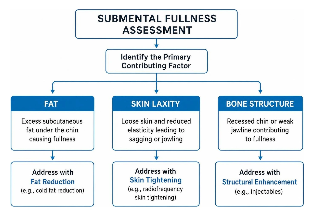 Flowchart of submental fullness assessment based on fat skin laxity and bone structure Flowchart of submental fullness assessment based on fat skin laxity and bone structure