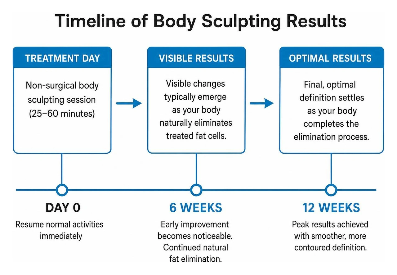 timeline of body sculpting results from 6 weeks to 12 weeks