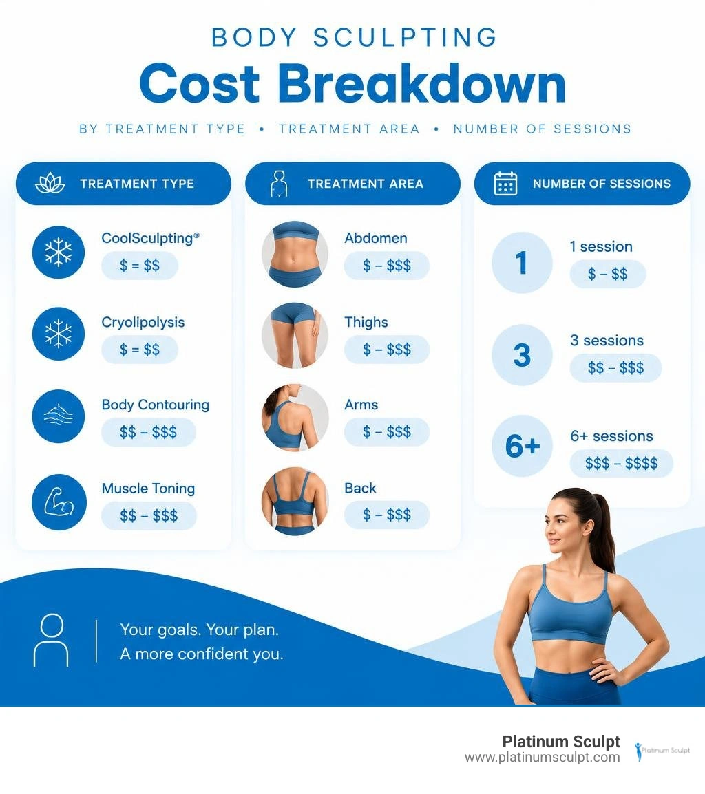 Body sculpting cost breakdown by treatment type, treatment area, and number of sessions infographic