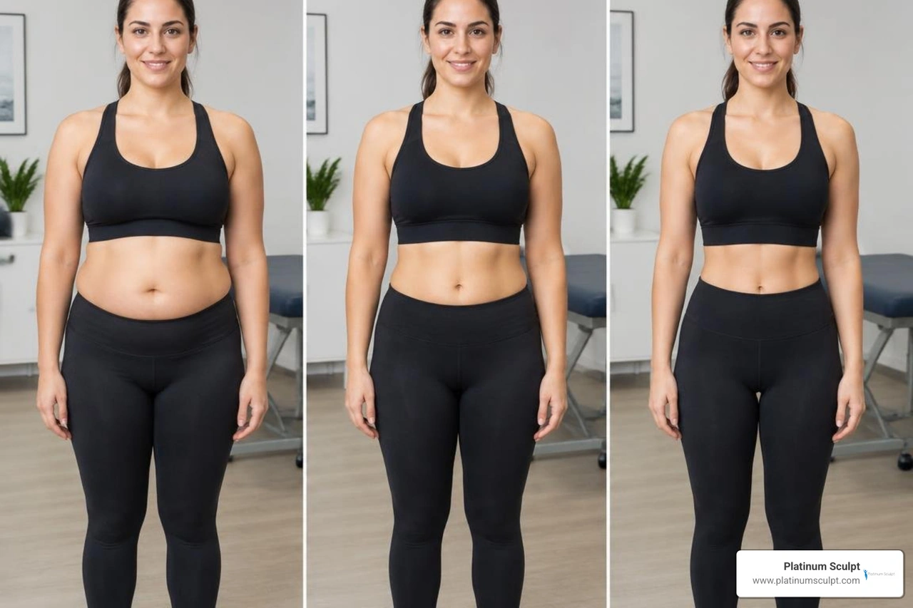 Progression of abdominal body contouring showing visible reduction over several months Progression of abdominal body contouring showing visible reduction over several months