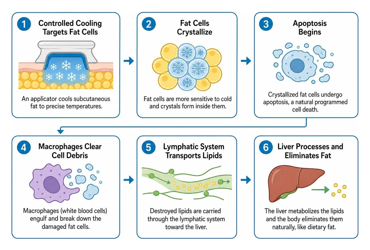 Step-by-step biological process of cryolipolysis fat cell apoptosis and lymphatic clearance Step-by-step biological process of cryolipolysis fat cell apoptosis and lymphatic clearance