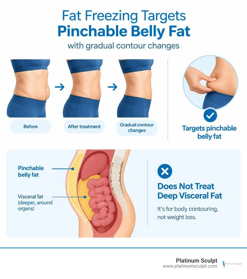 Fat freezing targets pinchable belly fat, with gradual contour changes; it does not treat deep visceral fat infographic Fat freezing targets pinchable belly fat, with gradual contour changes; it does not treat deep visceral fat infographic