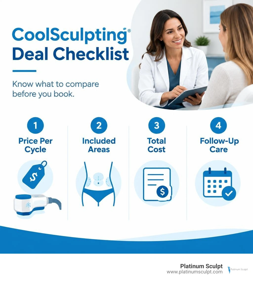 CoolSculpting deal checklist showing price per cycle, included areas, total cost, and follow-up care infographic