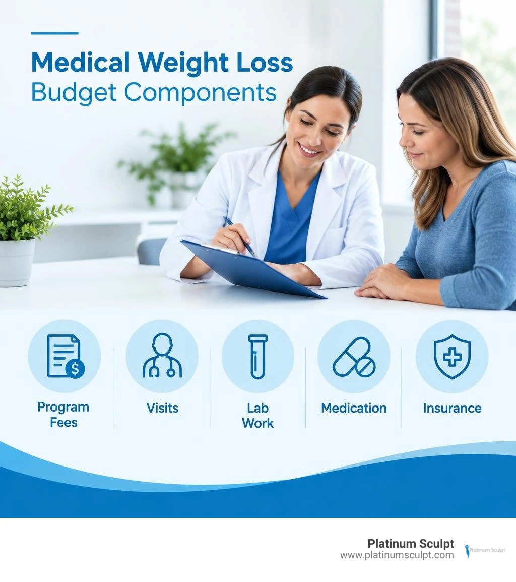 Medical weight loss budget components: program fees, visits, lab work, medication, and insurance infographic