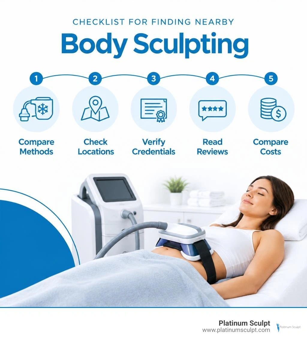 Checklist for finding nearby body sculpting: compare methods, locations, credentials, reviews, and costs infographic Checklist for finding nearby body sculpting: compare methods, locations, credentials, reviews, and costs infographic