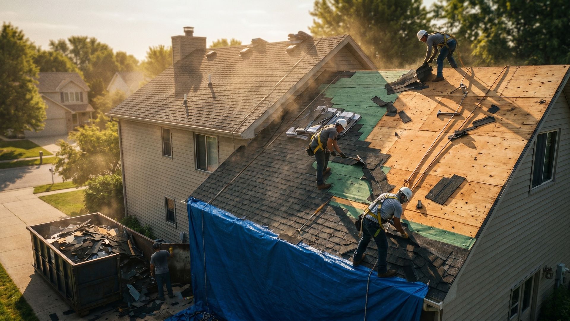Asphalt shingle roof tear-off in progress on a residential home during full replacement