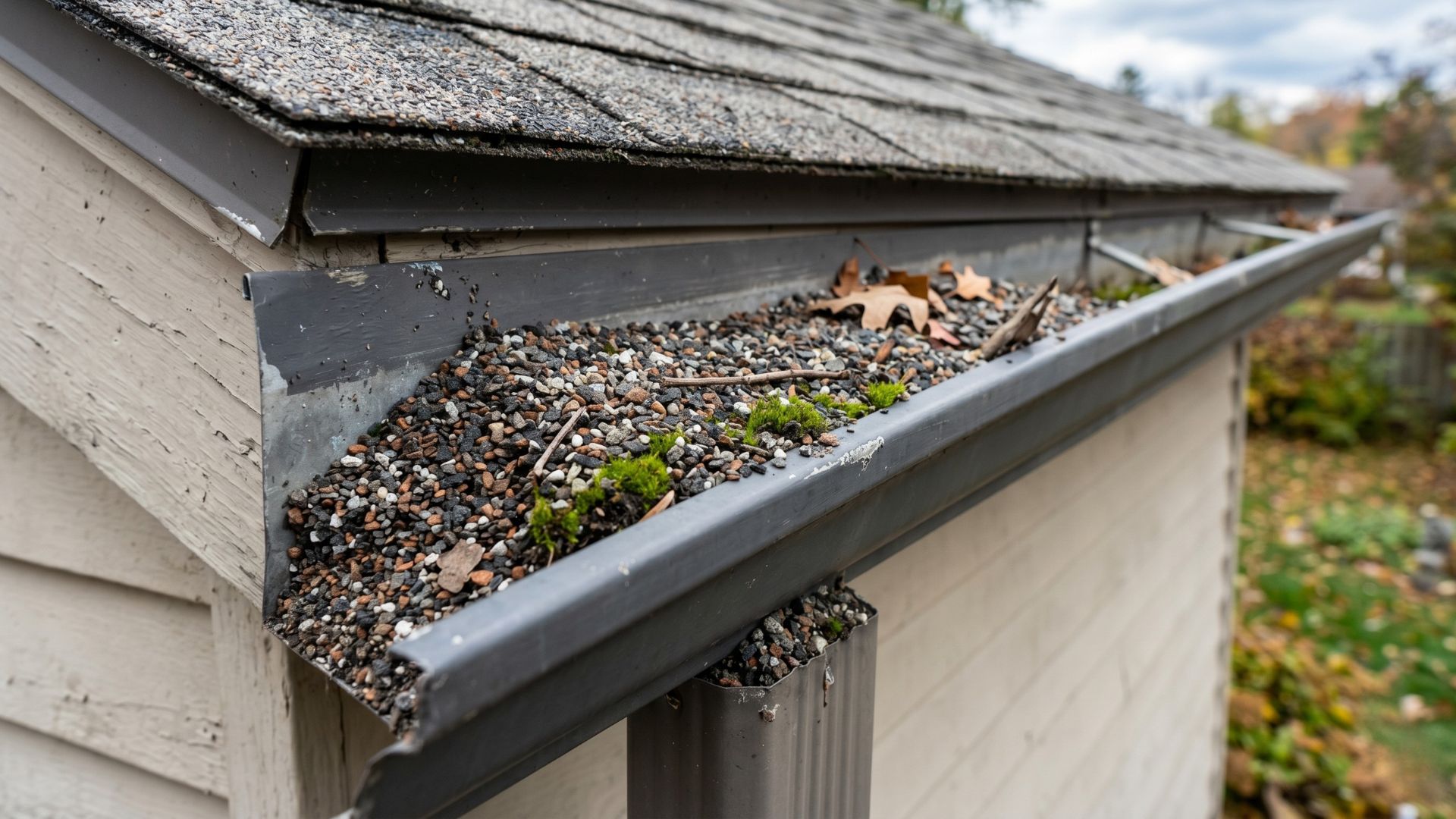 Residential gutter filled with washed-off asphalt shingle granules