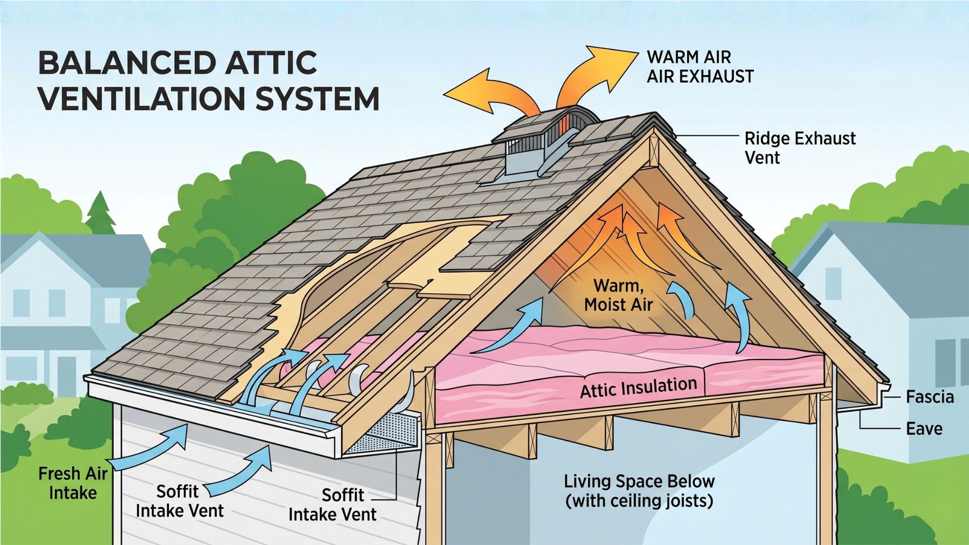 Diagram showing balanced soffit-to-ridge attic ventilation in a residential roof