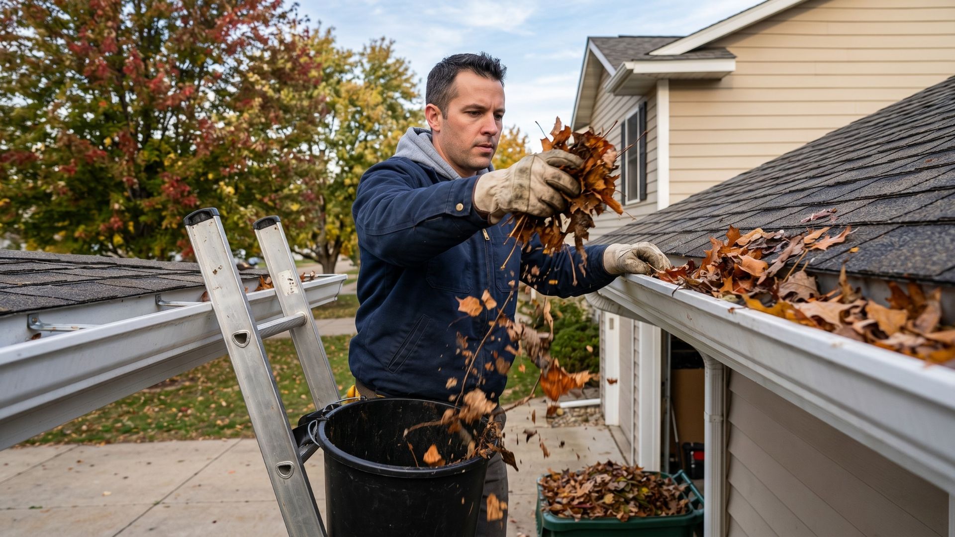 Homeowner clearing leaves and debris from a residential gutter system