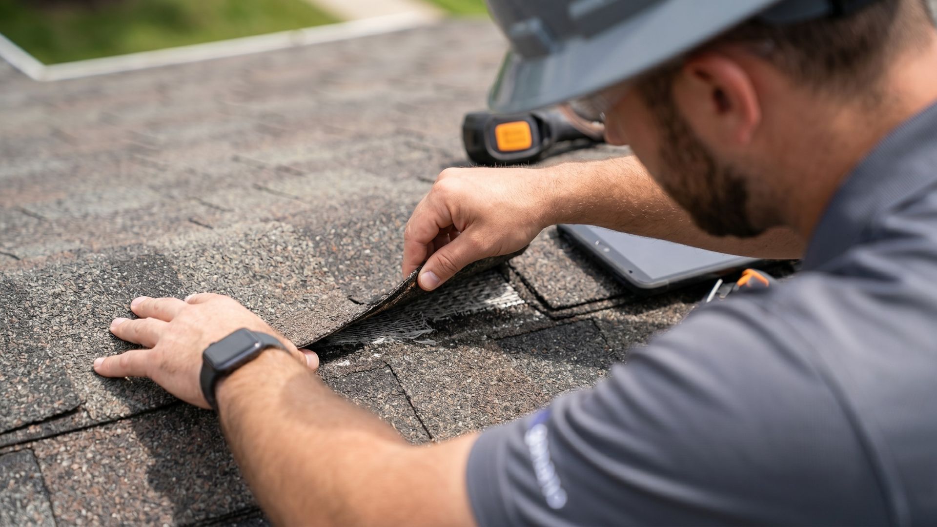Certified GoNano Contractor inspecting an asphalt shingle for flexibility and granule integrity