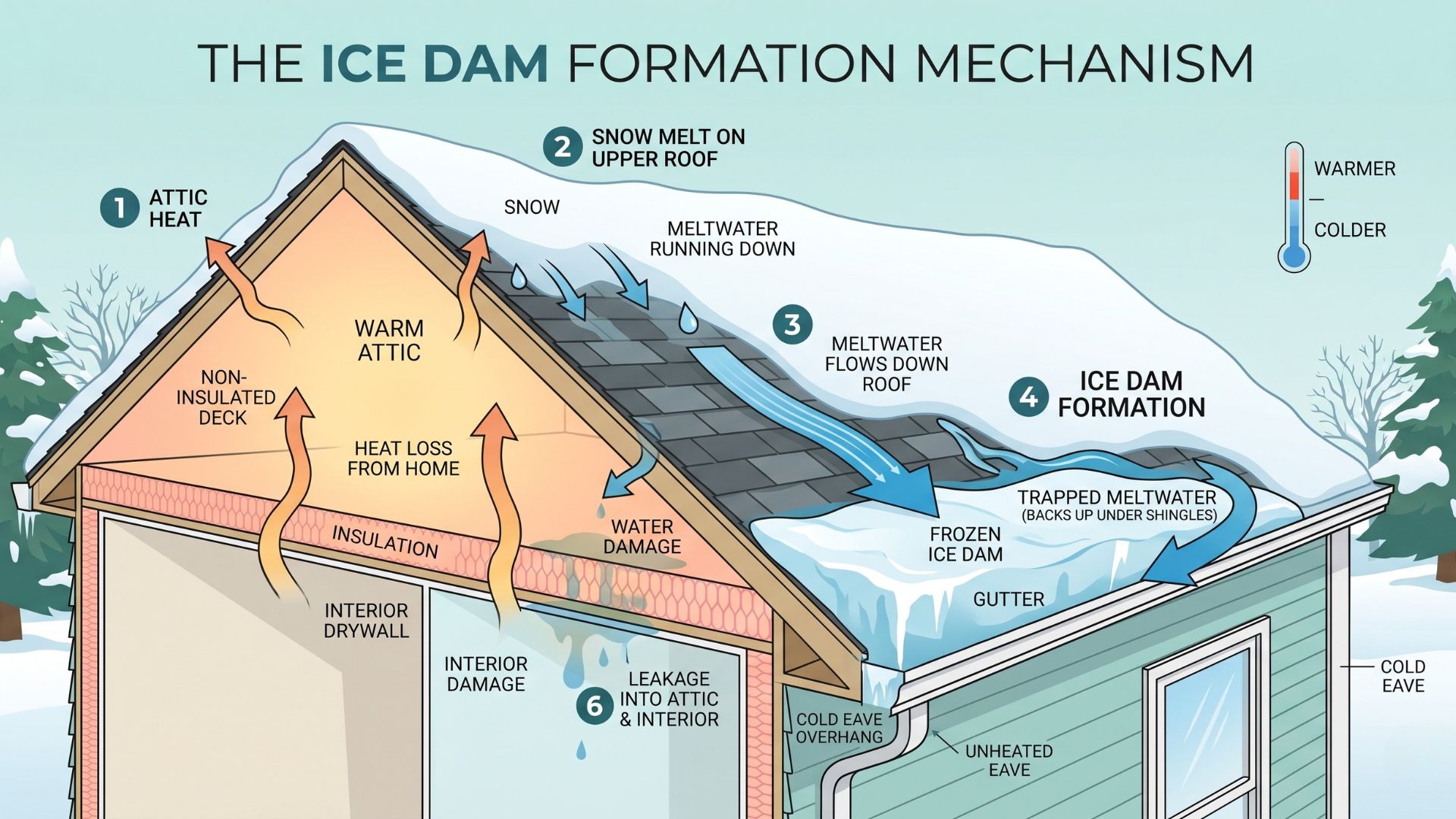Diagram — attic heat → snow melt → meltwater runs down → refreezes at cold eaves → water backs up under shingles