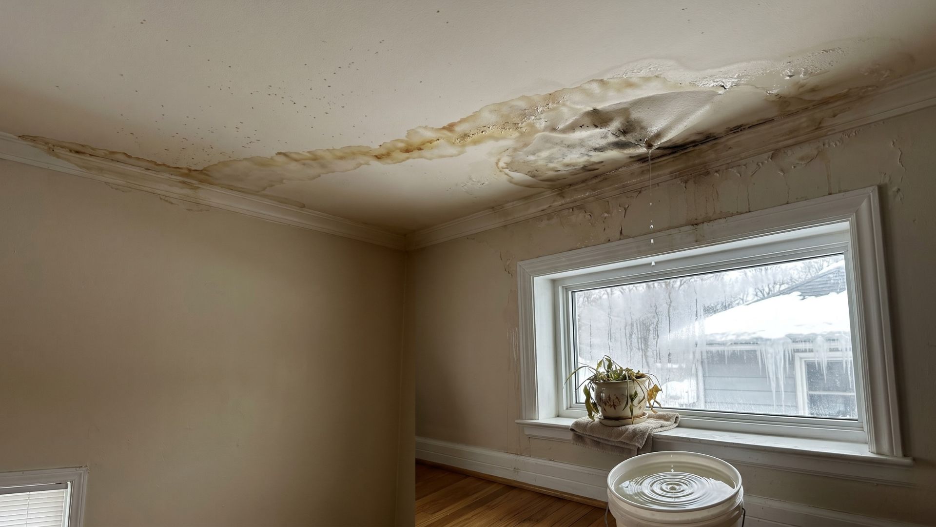 Interior ceiling water stain near an exterior wall caused by ice dam leakage