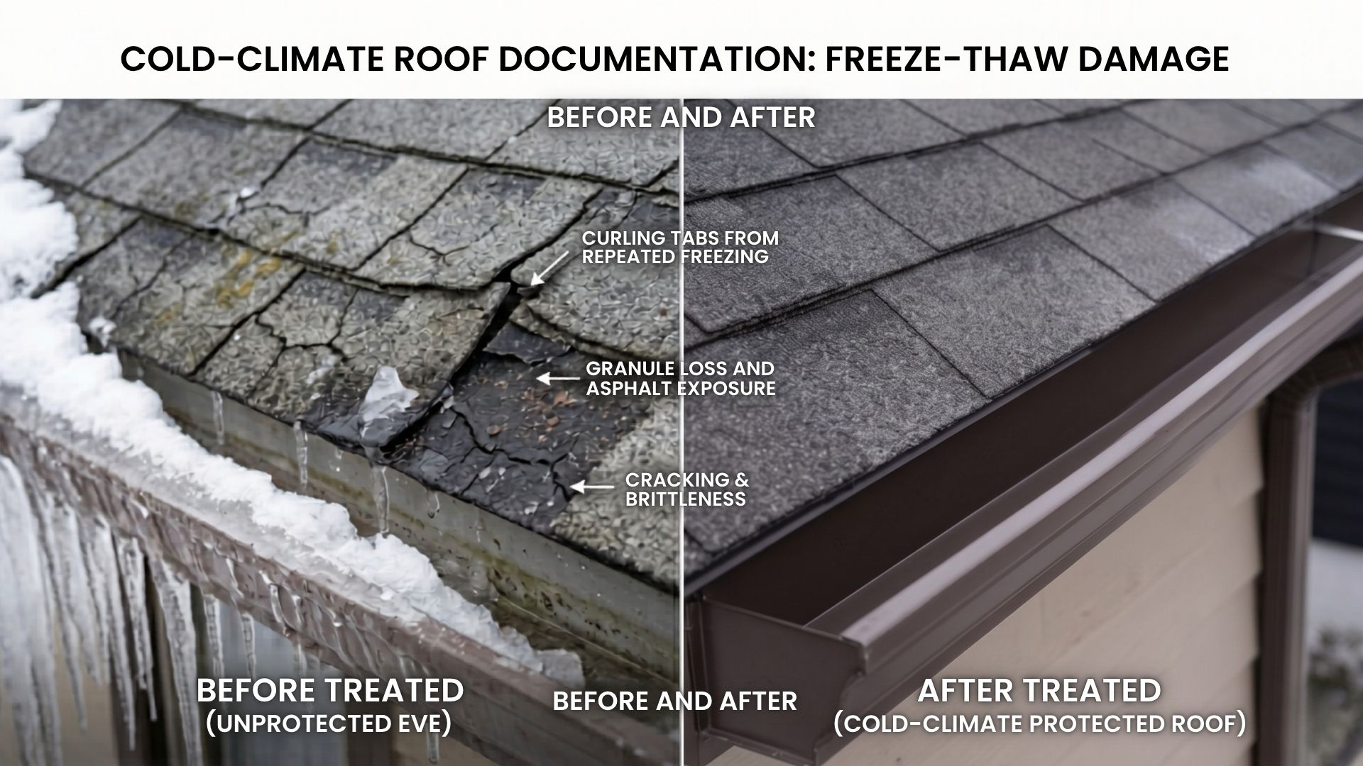 Freeze-thaw damage to asphalt shingles along the eave of a cold-climate roof