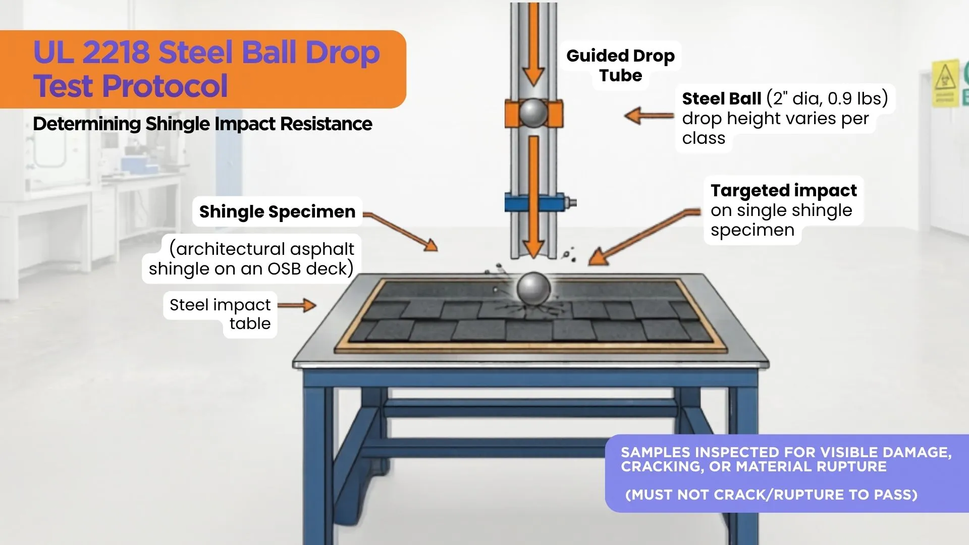 UL 2218 impact resistance testing diagram showing Class 1 through Class 4 ratings with steel ball drop heights and equivalent hailstone diameters.