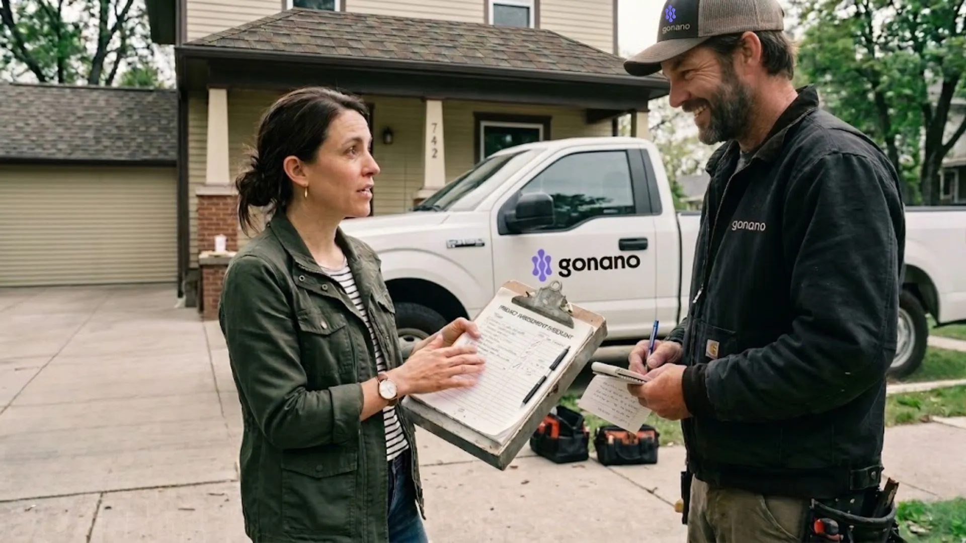 Homeowner interviewing a roofing contractor with a printed checklist of questions to ask before signing.