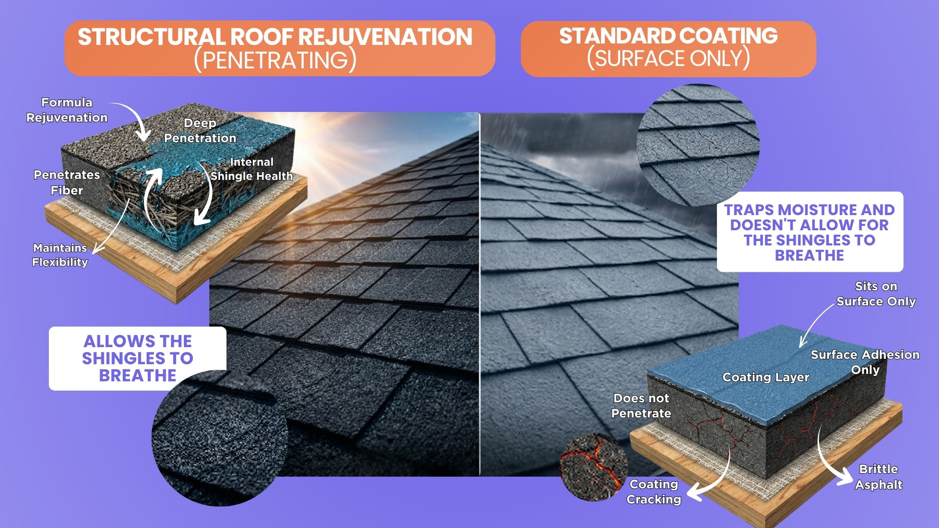 Comparison showing Structural Roof Rejuvenation penetrating the shingle versus a coating sitting on the surface