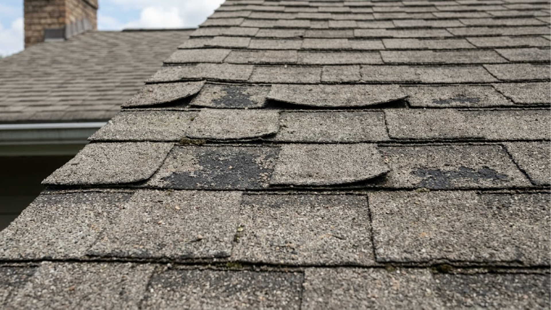Close-up of aging asphalt shingles showing granule loss, fading, and curling edges