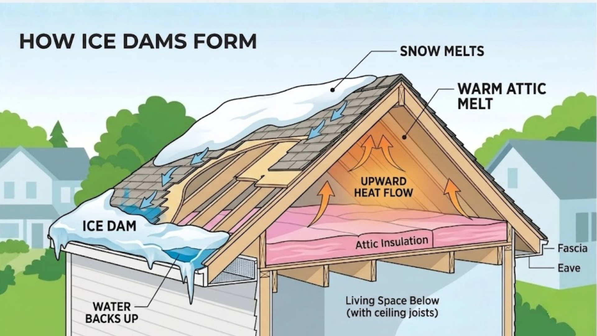 Cross-section diagram of an ice dam: attic heat melts snow, meltwater refreezes at the cold eave, and water backs up under shingles