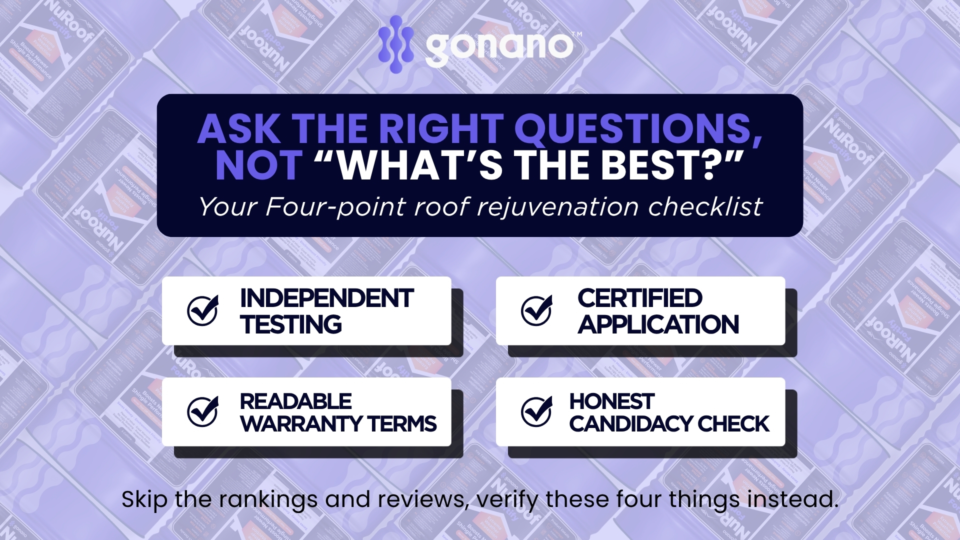 Homeowner comparing roof rejuvenation products against a checklist of criteria
