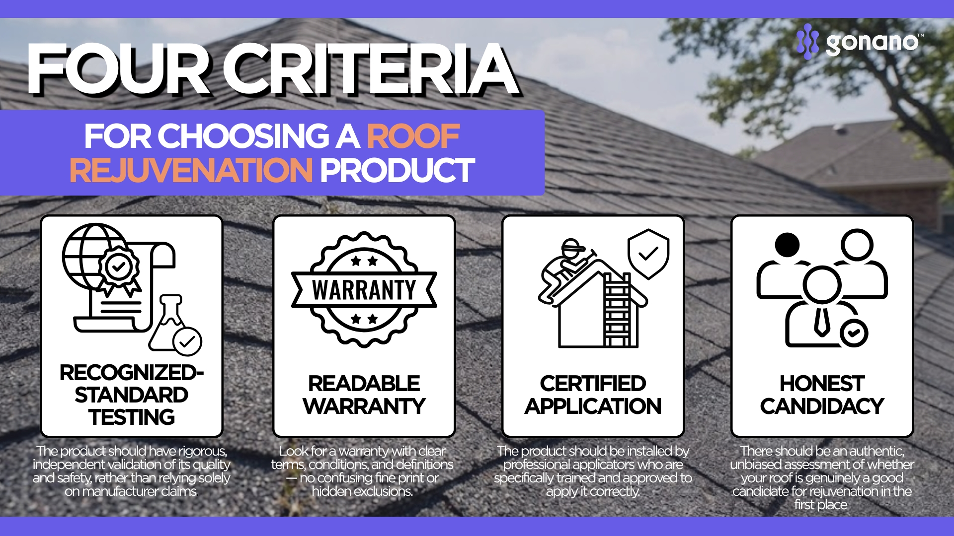 Four criteria for choosing a roof rejuvenation product: recognized-standard testing, readable warranty, certified application, honest candidacy