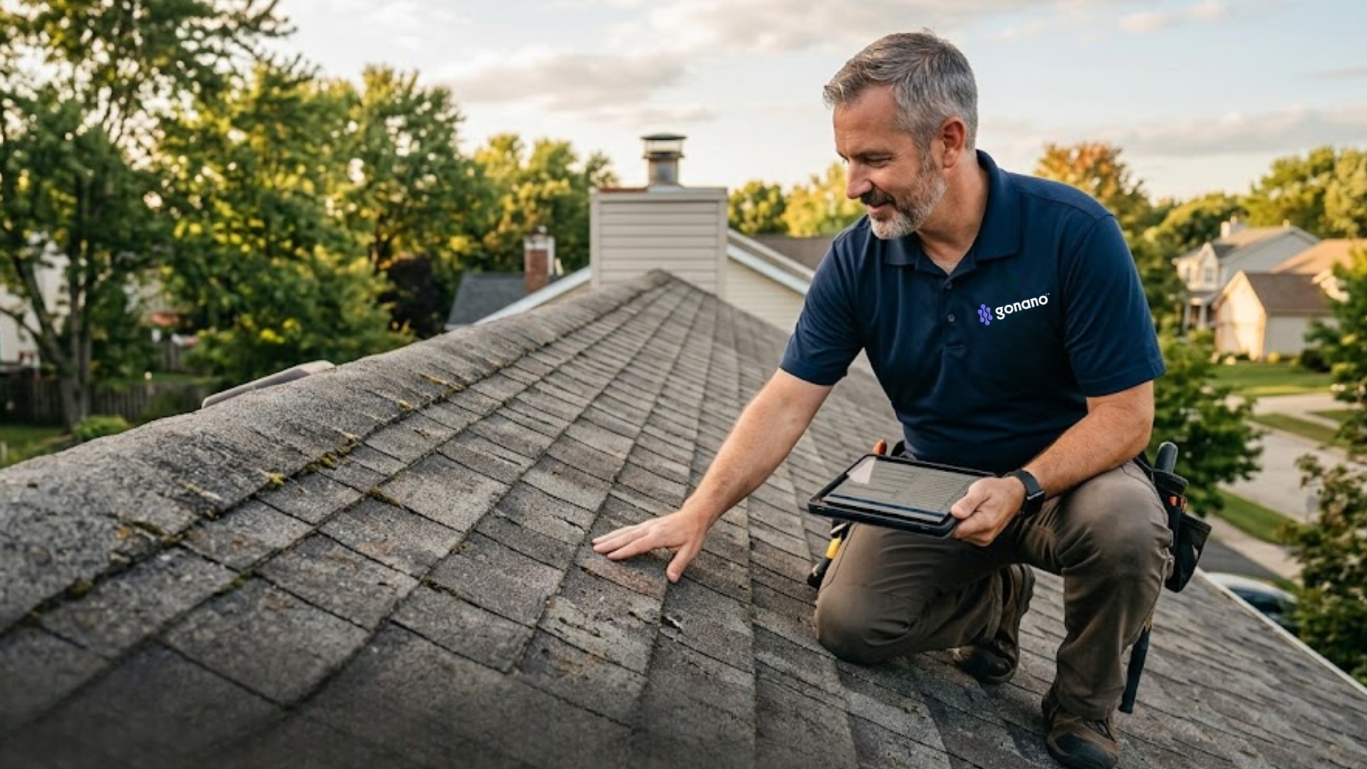 Certified contractor assessing an aging asphalt roof to check rejuvenation candidacy