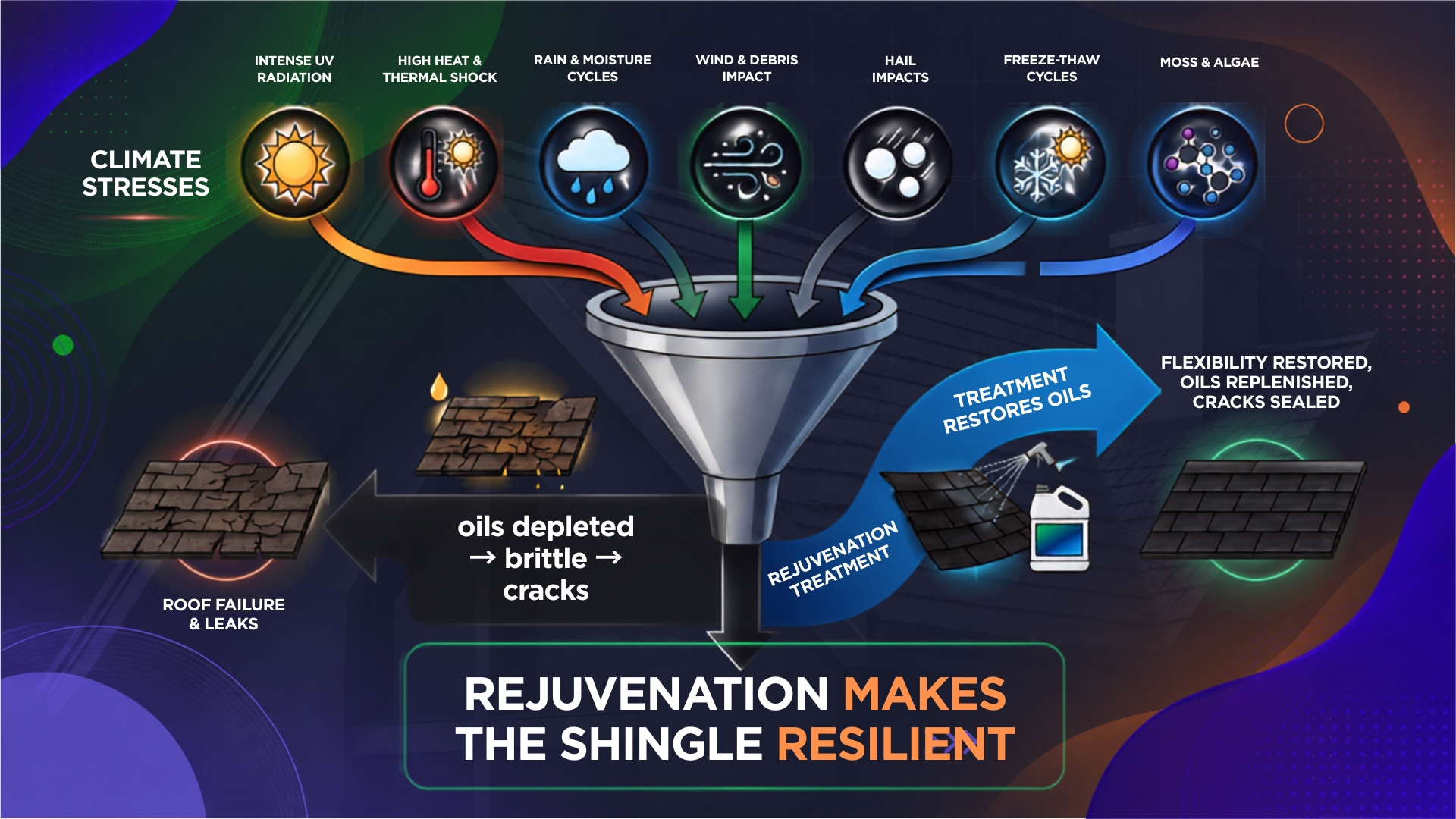 Illustration showing all climate stresses lead to shingle oil depletion and brittleness