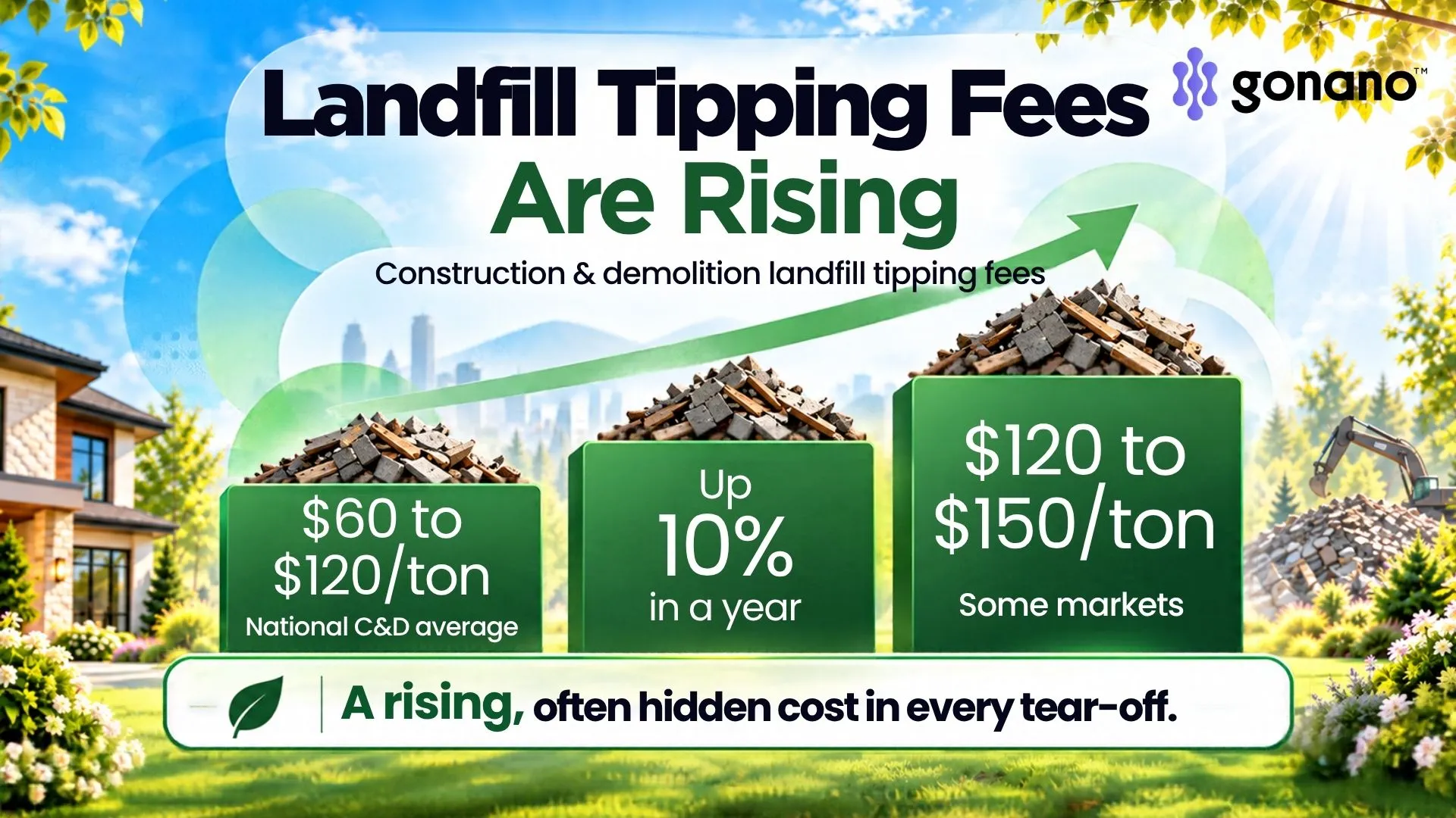 Bar graphic showing construction-and-demolition landfill tipping fees rising to $60–$150 per ton