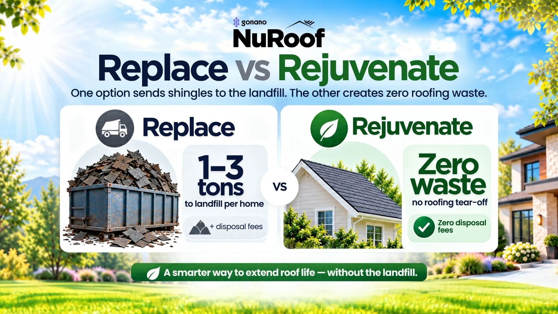 Comparison showing rejuvenation produces zero roofing waste versus 1–3 tons from a replacement