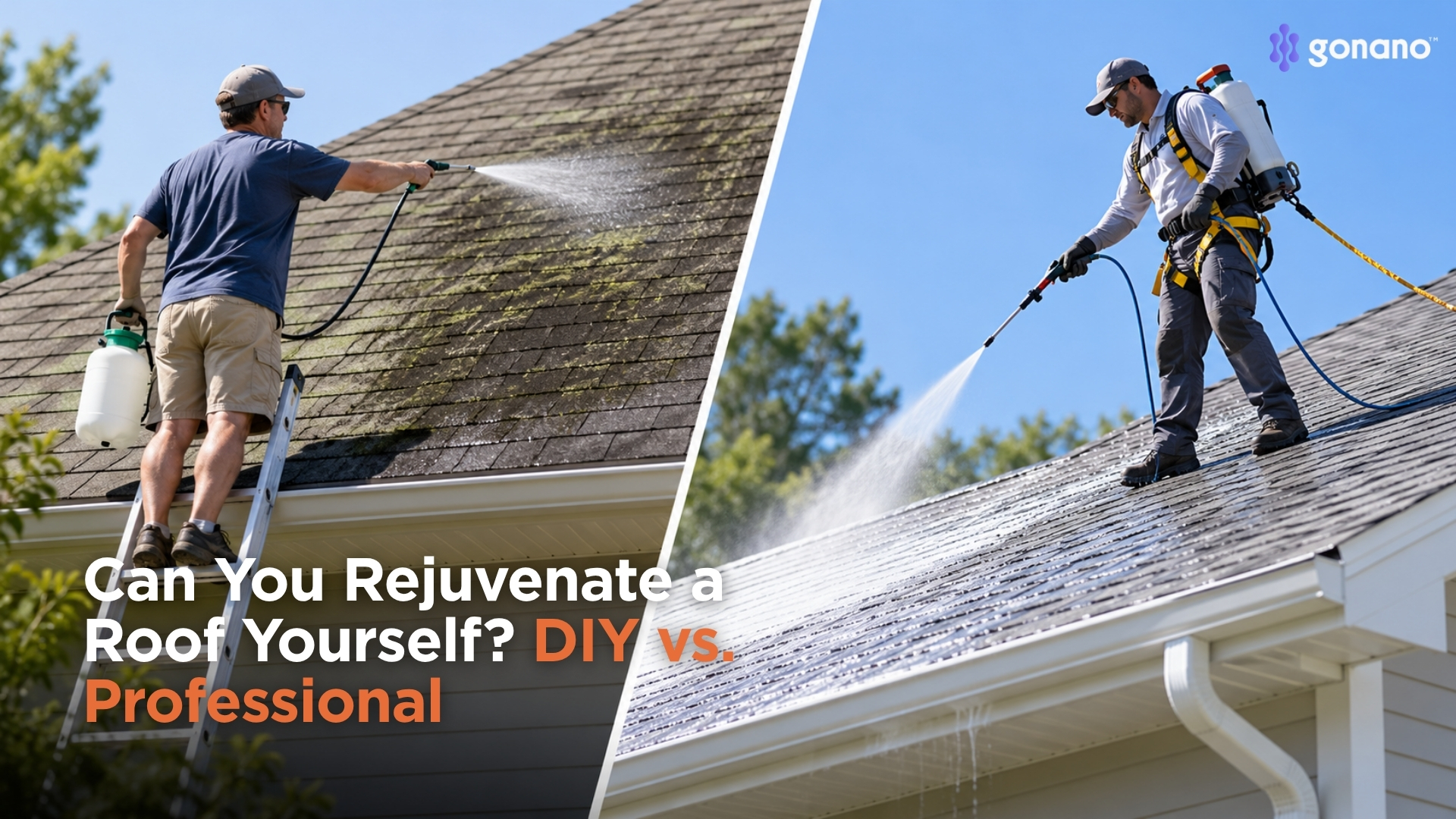 A homeowner with a spray versus a certified contractor treating a roof