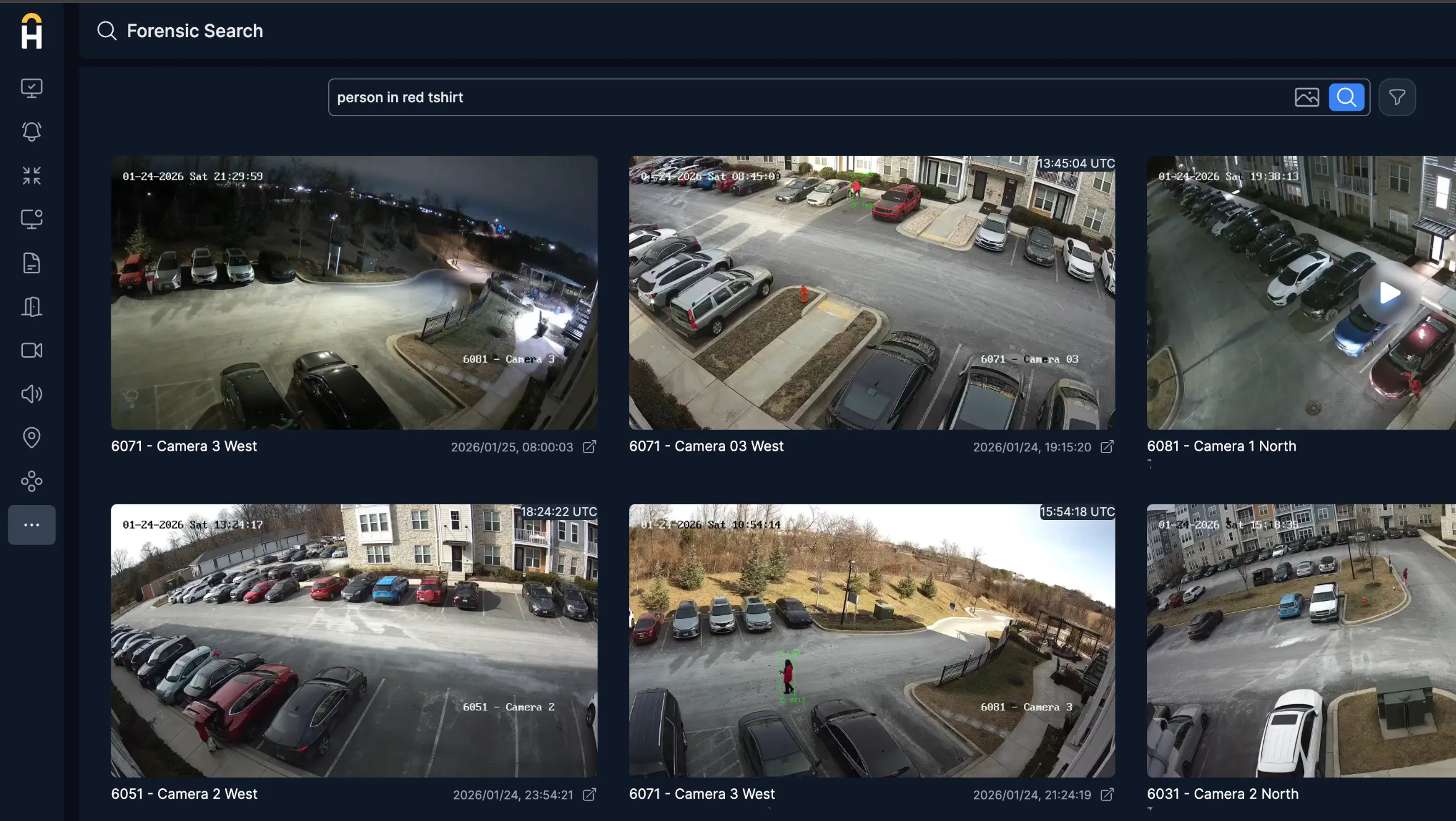 Surveillance interface showing six camera views of parking lots, with one person in a red shirt detected in two views.
