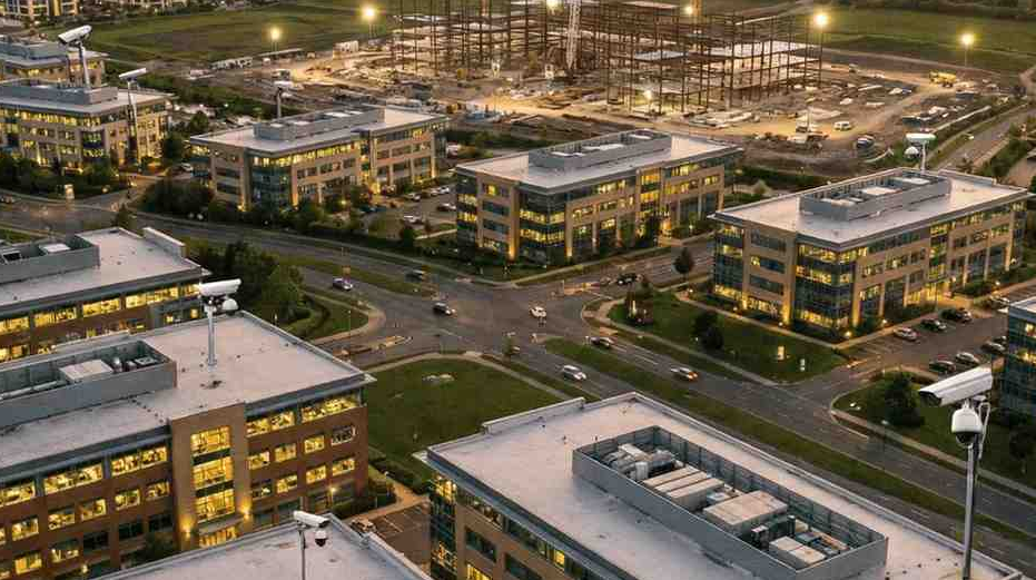 Aerial view of a business park with multiple office buildings and a construction site at dusk.