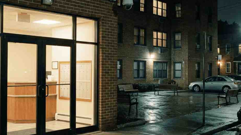 Entrance to a brick apartment building at night with lit mailboxes and benches outside on wet pavement.