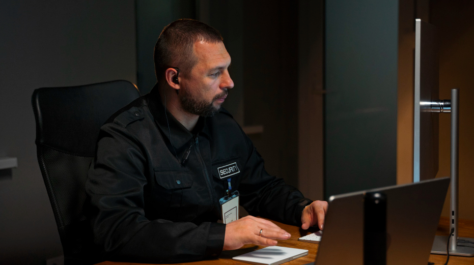 A security officer in uniform working on a computer at a desk in a dimly lit room.