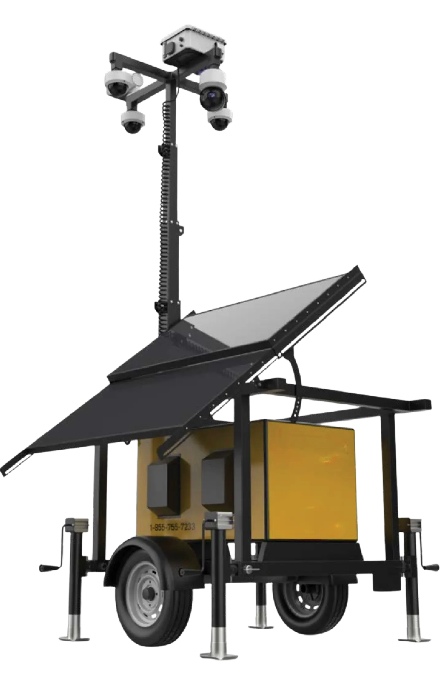 Mobile security camera tower with four cameras and solar panels mounted on a yellow trailer.