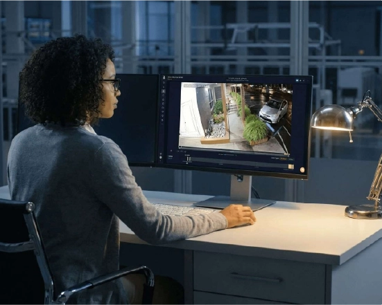 Person monitoring security camera footage on a desktop computer in an office at night.