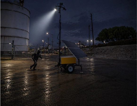 A person running near a solar-powered light tower on a wet street at night in an industrial area.