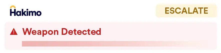 Hakimo alert showing a red warning sign with text Weapon Detected and an Escalate button.