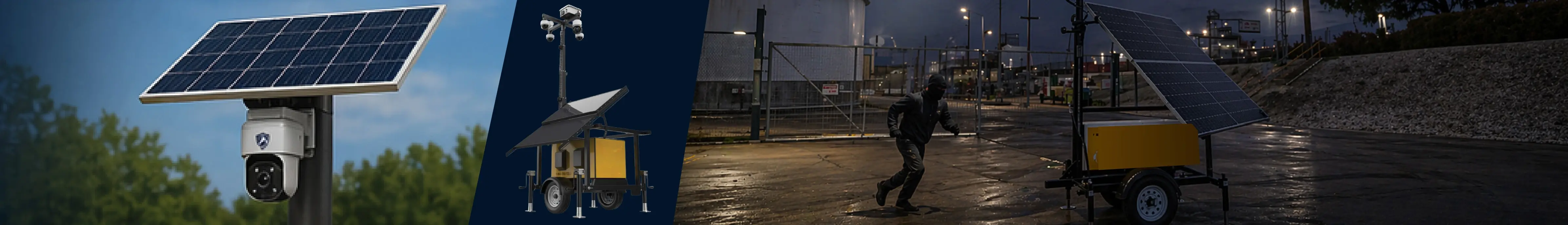 Solar-powered mobile surveillance trailers and cameras monitoring an industrial site at night