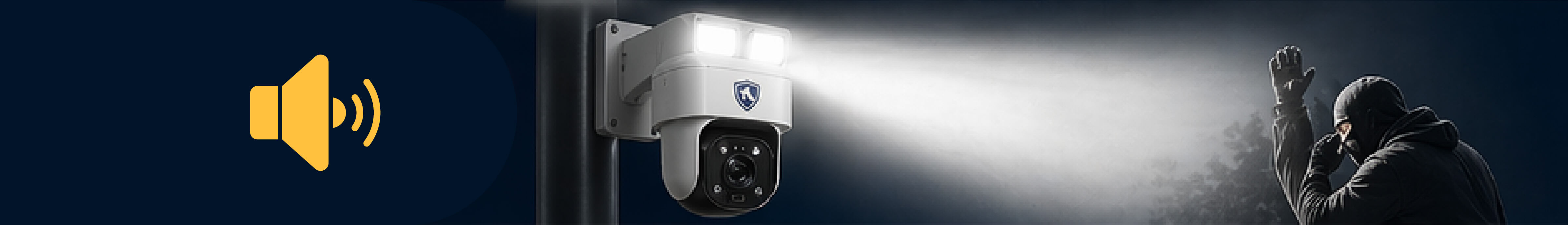 Floodlight security camera with speaker deterring a hooded intruder at night