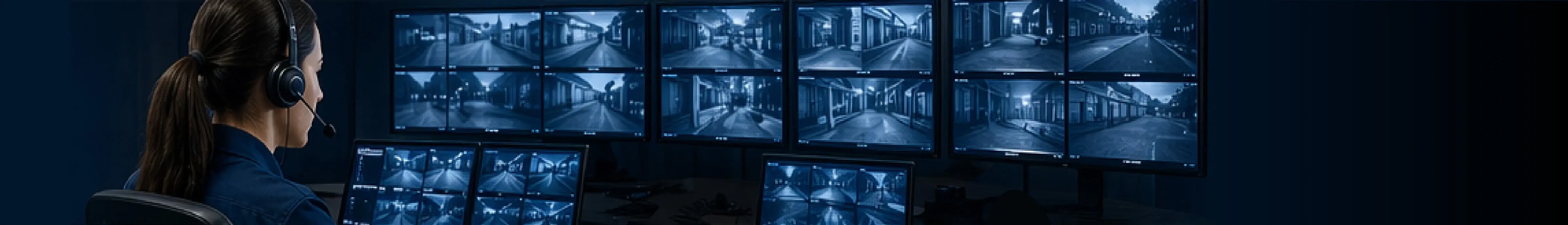 Security operator with headset watching a wall of surveillance camera feeds