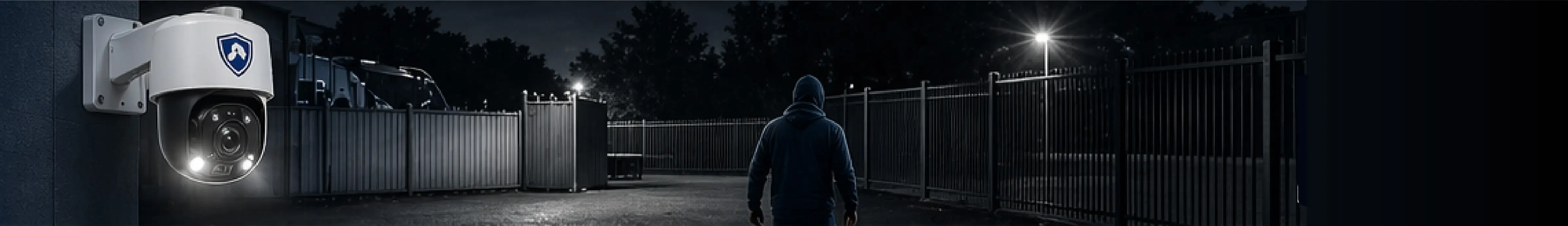 Security camera monitoring a hooded intruder near a fenced lot at night
