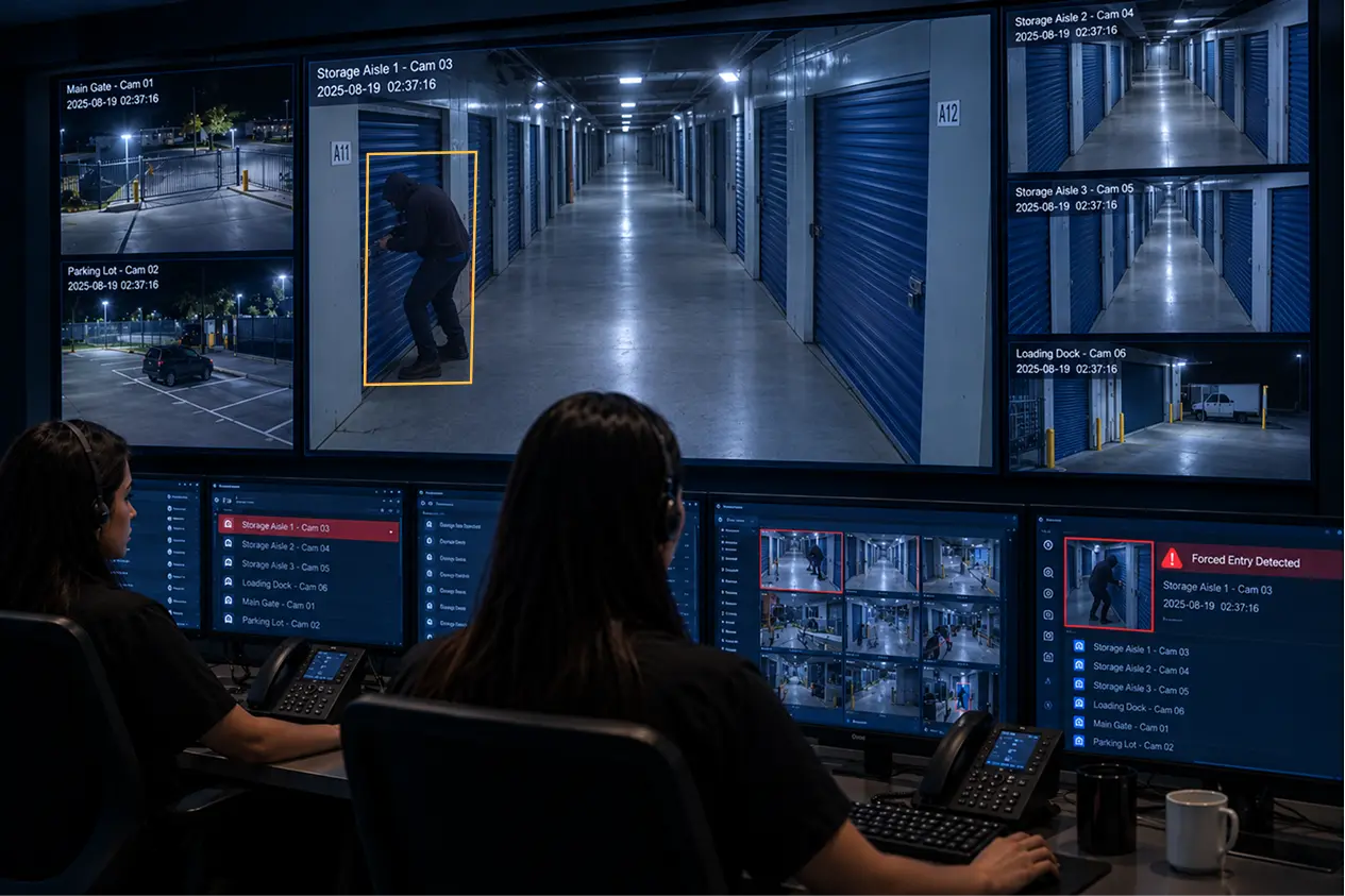 Remote security operators reviewing a forced entry alert on self-storage camera feeds