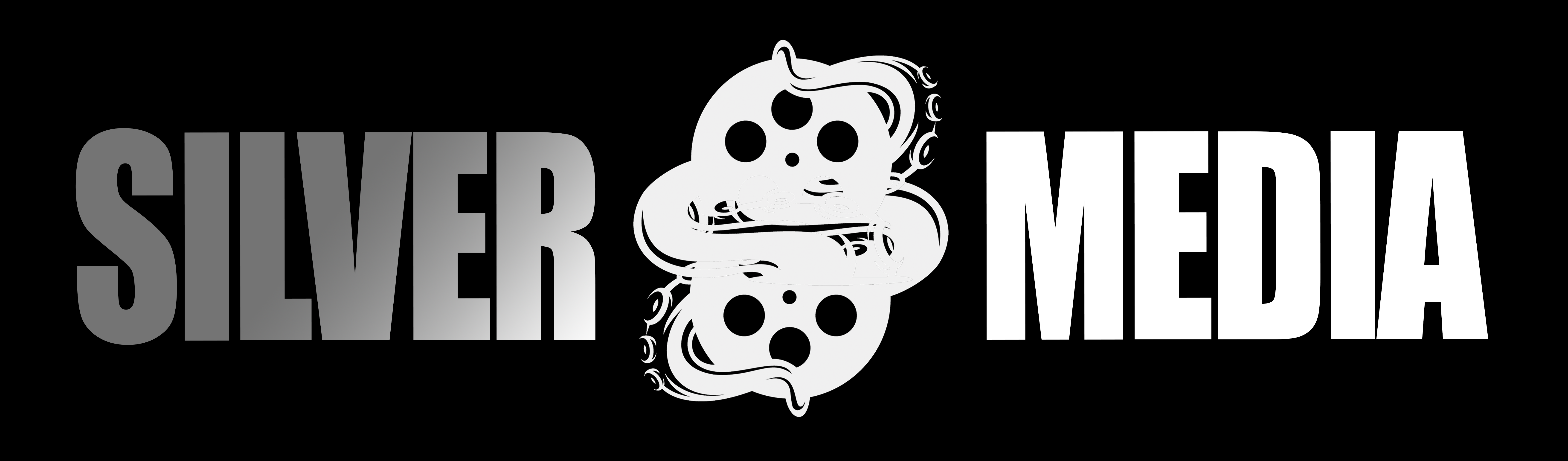 Logo with the word Silver in gray gradient and Media in white separated by intertwined film reels.