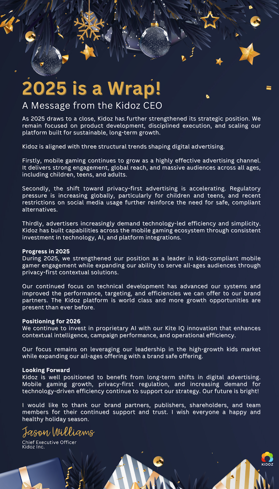 holiday message from CEO