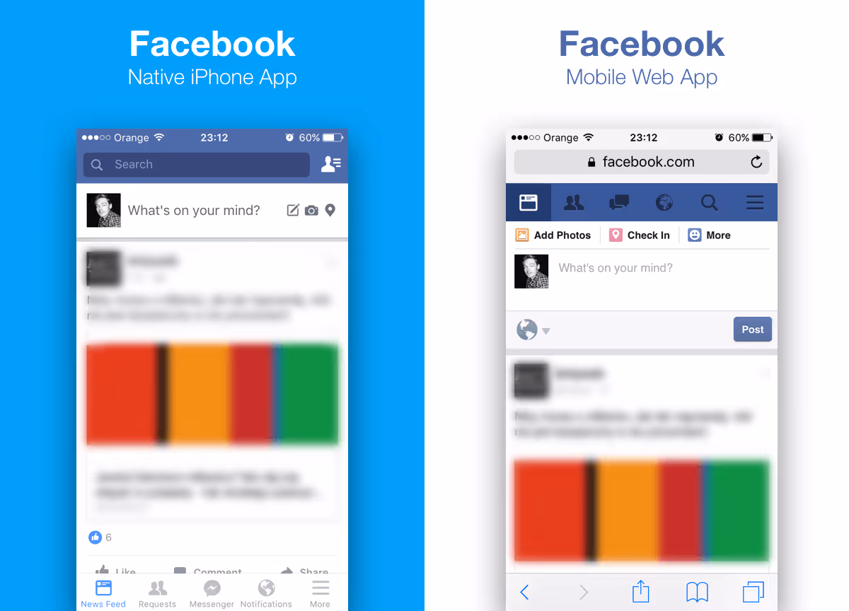 Decide what to build first: web app vs mobile app by comparing Facebook's native iPhone app with their mobile web app.